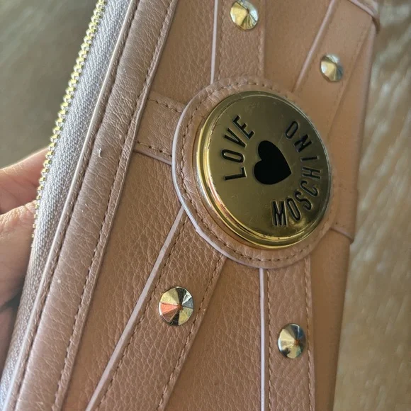 LOVE MOSCHINO Genuine Leather beige studded zip-around gold-tone Wallet - Picture 14 of 15